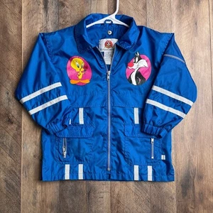 Vintage Looney Tunes Jacket Youth Size 5 Blue Nylon 3/4 Sleeves Windbreaker 2206 - Picture 1 of 12