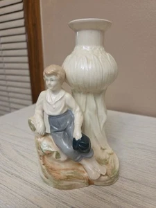Antique Staffordshire Pottery 6" Candlestick Man boy w/ Lg flower #9675 Germany - Picture 1 of 7