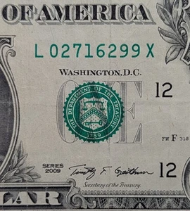 2009 $1 fancy serial, rare L X block note. L 027116299 X - Picture 1 of 6
