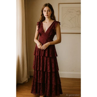 Vestido Lulus Talla XL Borgoña Molinetto Encaje En Niveles Volantes Maxi Formal Romántico Foto 1 de 4