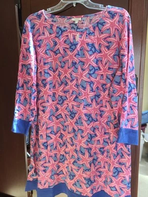 NWT Talbots Blue Pink Starfish Print Lightweight Crinkly Cotton Dress Coverup L - Image 1 of 4