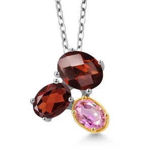 925 Silver and 10K Yellow Gold Garnet and Pink Sapphire Pendant Necklace For - Picture 1 of 4