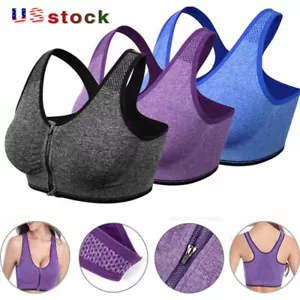 Women Stretch Sports Bra Running Gym Yoga Padded Fitness Workout Zipper Top Tank - Picture 1 of 15