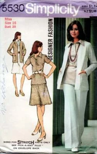 70s Simplicity Sewing Pattern 5530 Designer Fashion Cardigan Skirt Pants Size 16 - Bild 1 von 3