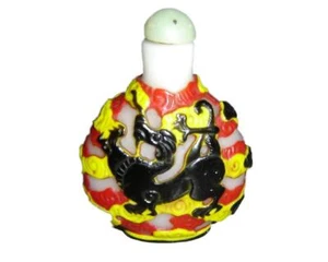 Antique Chinese Qing Rare Carved 3 Color Overlay Dragon White Glass Snuff Bottle - Picture 1 of 7