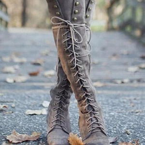 Solid Color Thick Low Heel High-top Lace-up Fashion Women's Boots - Picture 1 of 12