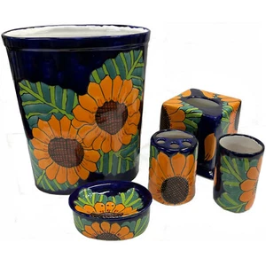 Juego de 5 accesorios de baño de cerámica girasol mexicana Talavera. Envío gratis - Imagen 1 de 1