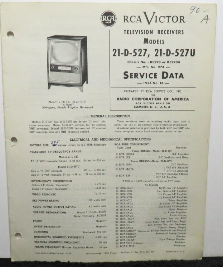 RCA VICTOR TELEVISION SERVICE DATA 1954 T6 21-D-527 -527U KCS90 KCS90A - Image 1 of 1