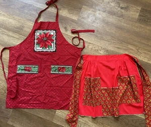 Holiday Homemade Aprons 1 Bib * & 1 Half  Apron USA Made *Christmas Poinsettias - Picture 1 of 6