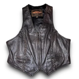 UNIK - Dark Brown Genuine Leather Motorcycle Sleeveless Braided Zip Closure Vest - Picture 1 of 4