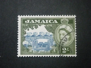 Jamaika QEII 1958 2/- graublau & bronzegrün SG170a FU - Bild 1 von 2