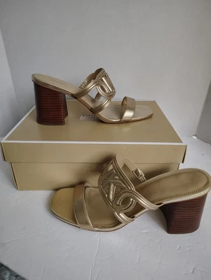 Sandalia Michael Kors Alma Tacón Medio Bloque Deslizable Cuero Metálico Dorado Talla 9.5 Foto 1 de 4