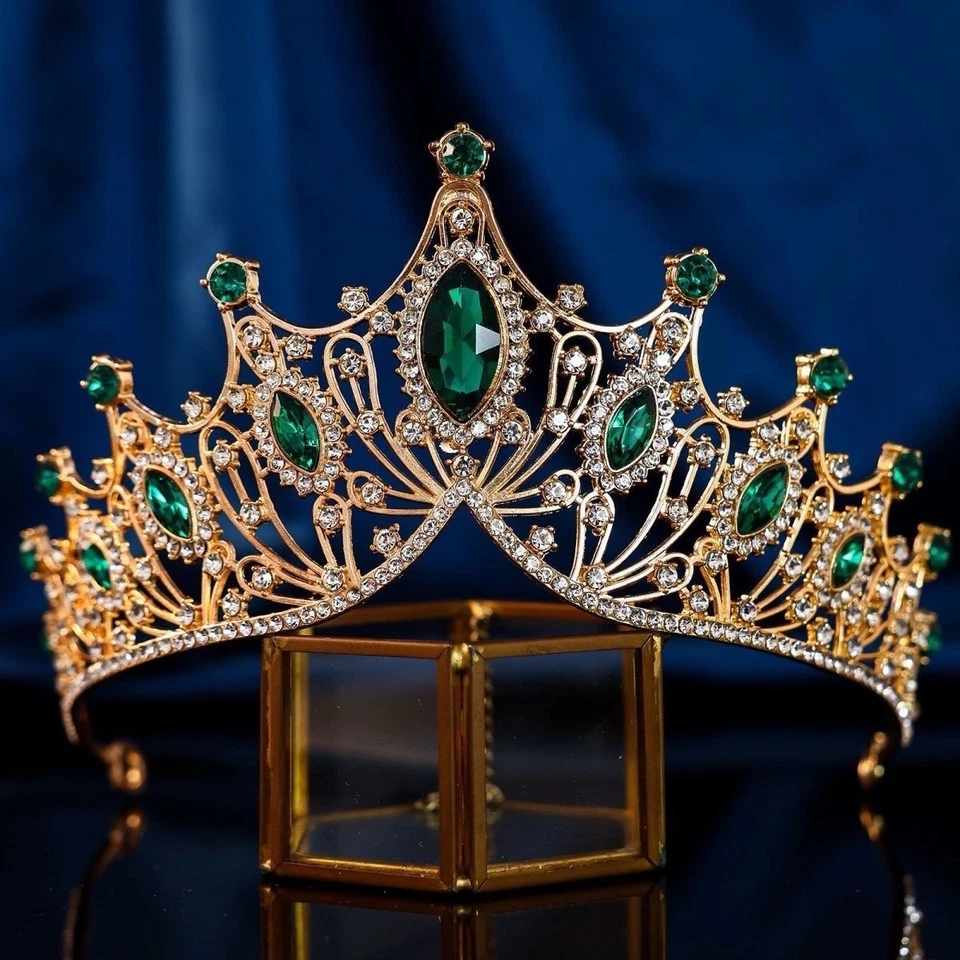Tiara corona reina gema verde nupcial chapada en oro para damas Foto 1 de 4
