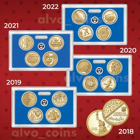 2018, 2019, 2020, 2021, 2022 American Innovation $1 proof sets. Boxes & COA Cover