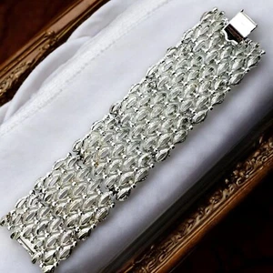 Silver Tone Cuff Bracelet Wide Chunky Retro Statement Vintage - Picture 1 of 9