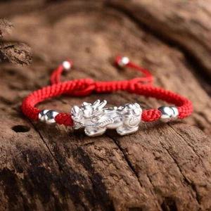Solid 999 Fine Silver Bracelet Wealth Pixiu Lucky Red Bracelet Adjustable - Picture 1 of 3