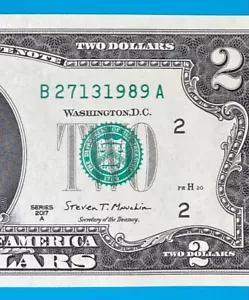 B 2713 1989 A : TRAILING YEAR 1989 $2 Two Dollar Bill Serial Number Uncirculated - Picture 1 of 3