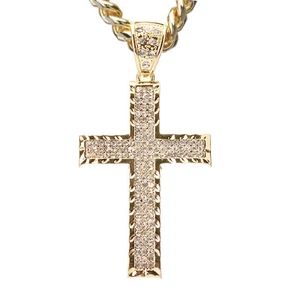 Mens Hip Hop Iced Out CZ Gold Plated Cross Pendant 24" Cuban Chain CPB 5005 G - Picture 1 of 4
