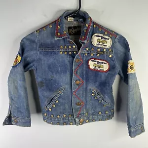 Wrangler Denim Kids Jacket Trucker Blue Sz 8 Vintage With Patches Rivets Vtg 70s - Picture 1 of 18