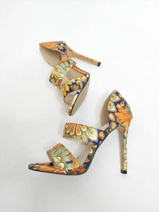 Women’s Size 9 Stiletto Heel Sandals Peacock Feather Print Party Shoes - Picture 1 of 12