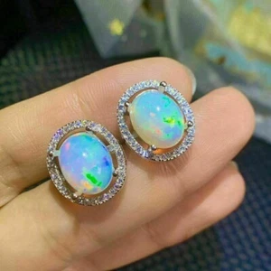 Fire opal 2.50Ct Oval Cut Halo Stud Earrings 14K White Gold Silver Plated - Picture 1 of 4