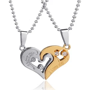 Edelstahl Partner Kette -I Love You- Silber Gold Herrenkette Damenkette Zirkonia - Bild 1 von 3