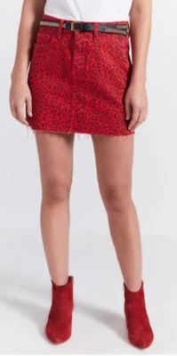CURRENT/ELLIOTT The 5 Pocket Mini Skirt 30 Red Warped Spec Leopard Cotton $228 - Image 1 of 4