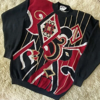 Joyce Vintage 1980's 80s Red Black Beaded Sweater Women's Large 1990s 90s - Image 1 of 4