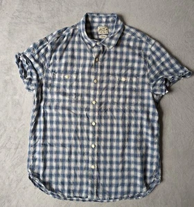 Lucky Brand Shirt Mens Large Blue Plaid Short Sleeve Button Linen Blend Western - Picture 1 of 9
