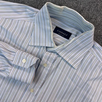 Camisa de Vestir Canali Para Hombre 16.5 Azul Rayas Botón Hecha en Italia Algodón *Leer Foto 1 de 4