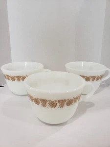 3 Vintage 70s Pyrex Butterfly Gold Milk Glass Coffee Tea Cup Mugs - Picture 1 of 5