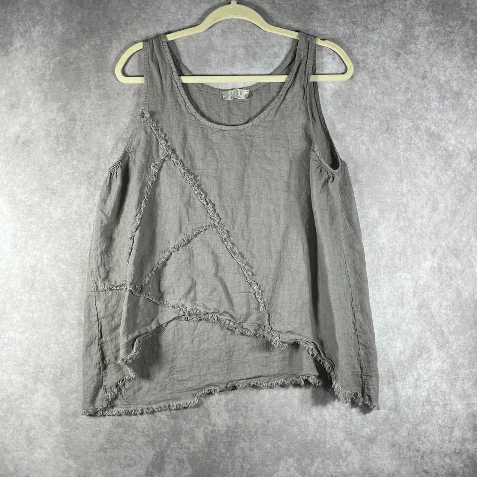 Camiseta sin mangas Saga para mujer OS gris lino flecos ribete cuello redondo sin mangas informal boho Foto 1 de 4