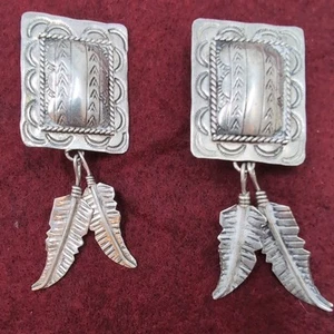 Navajo Stamped Sterling Silver Clip on Earrings - Feathers - 2 1/2 inches long - Picture 1 of 10