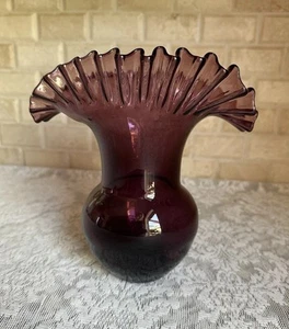 Blenko #390 Purple Amethyst Glass Vase, Mid-Century Crimped Rim Hand Blown 7.75” - Picture 1 of 14