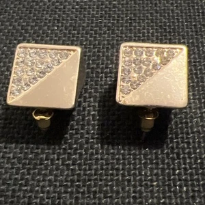 Gold Tone  Pave 1/2” X 1/2” crystal block stud Post earrings - Picture 1 of 6