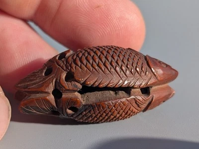 Antique Japanese Edo /Meiji Period 19thCentury Carved Hediao Nut Fish Ojime Bead - Image 1 of 4