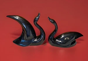 Vintage MCM Pair Art Deco Shiny Black Ceramic Swan Figurines TV Top Silhouettes - Picture 1 of 11