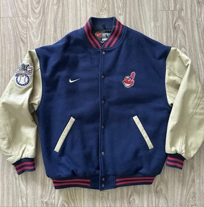 Vintage 90s Nike MLB Cleveland Indians Wool Letterman Button Up Jacket Size L - Picture 1 of 4