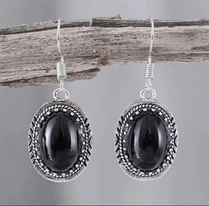 Silver Onyx Black Oval Dangle EARRINGS Stones Fashion Jewelry Gift NEW 20% OFF - Picture 1 of 5