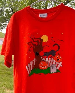 Vintage 90s sizeM Basic Edition Halloween Jack O' Lantern Cat T shirt Cute Goth - Picture 1 of 6