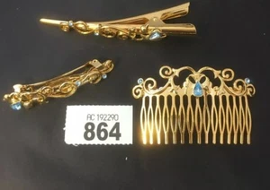 Selection Of Hair Accessories Clip, Comb & Barrette Gold Tone Clear Blue Stone - Picture 1 of 12
