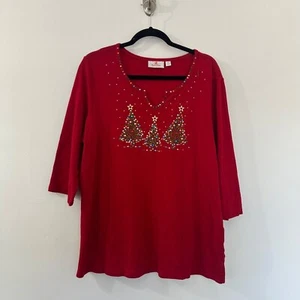 Quacker Factory Womens Bedazzled Christmas Tree Shirt Size XL Red Artsy Holiday - Picture 1 of 12