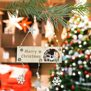 Silver Reindeer Tree Merry Christmas Ornament Pinewood Plaque with Hanging Sign - Picture 1 of 14