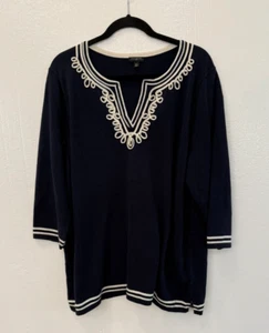 Talbots Plus 2X Navy with White Trim Embellished Split Neck 3/4 Sleeve Tunic Top - Picture 1 of 5