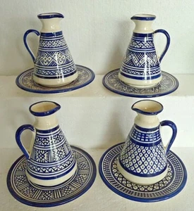 HAND PAINTED CERAMIC JUG & SAUCER for Oil & Dressings * FES POTTERY*BLUE & WHITE - Picture 1 of 13