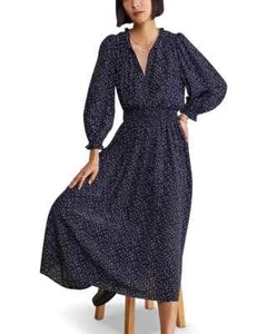 Vineyard Vines Scattered Dot Silk Blend Midi Dress size L Navy Blue - Picture 1 of 16