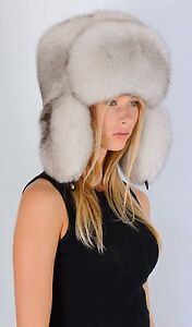Saga Furs Natural White Fox Fur Men Women Unisex Russian Aviator Trapper Hat