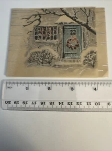 Vintage Weihnachtsgrußkarte - Kranz an Haustür bei Schneefall - Bild 1 von 3