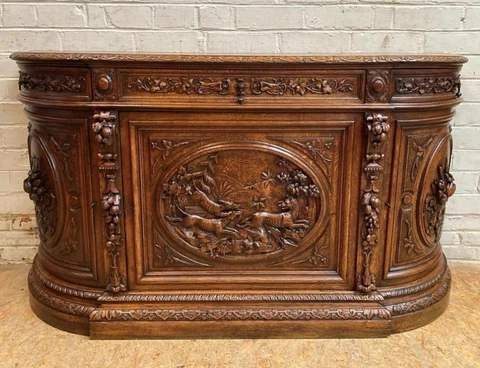 Antique French Hunting/Black Forest Bombe Sideboard in Oak Cover