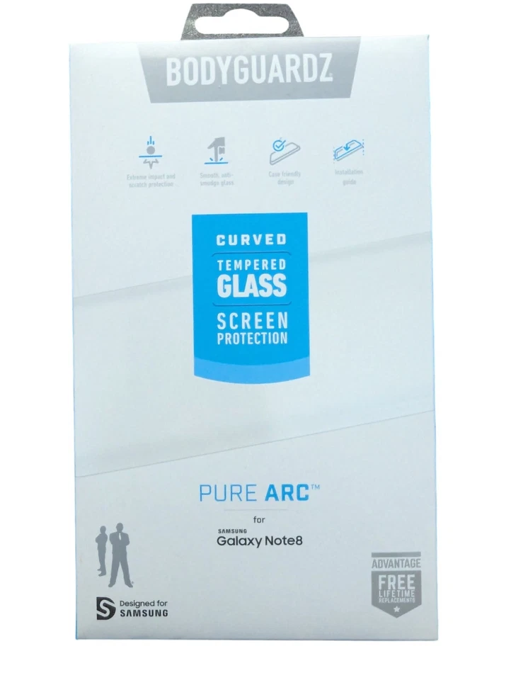 F4. BodyGuardz Pure Arc Privacy Samsung Galaxy Note8, Curved Tempered Glass - Image 1 of 2
